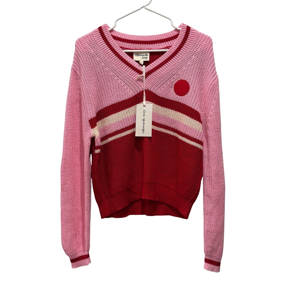 NEW Ellsworth Ivey‎ Color Block V Neck Sweater Pink Red Stripe Tennis Prep XS